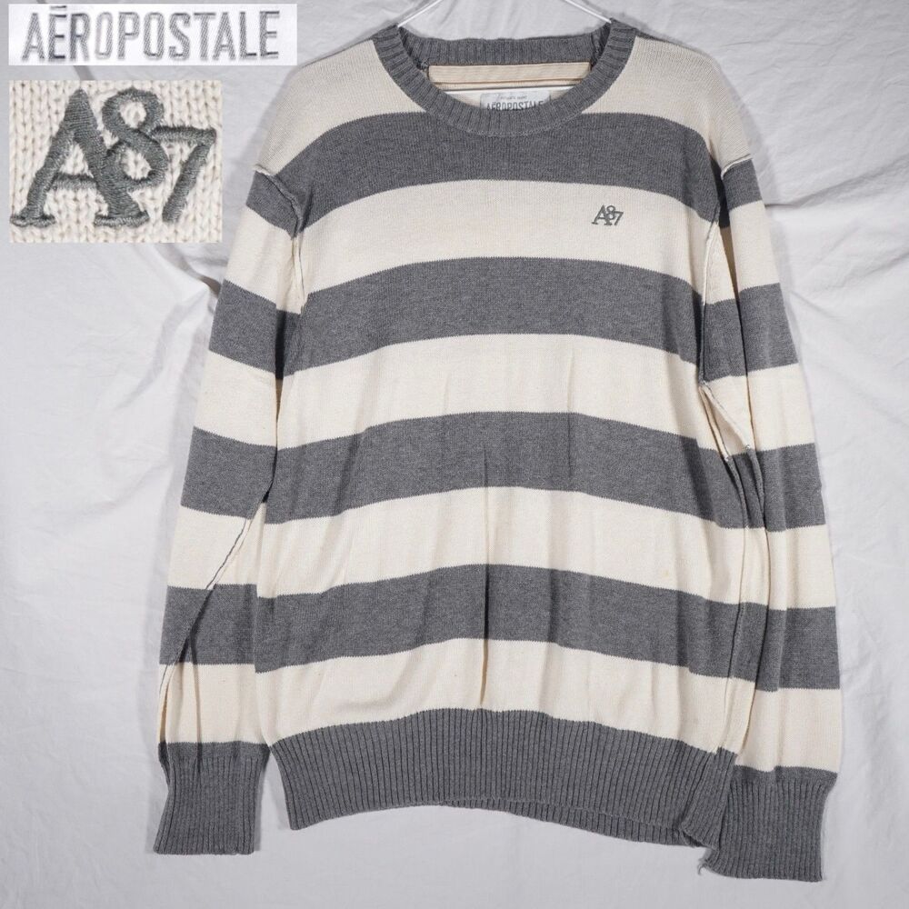 Aeropostale Striped Crewneck Sweater Grey White XL